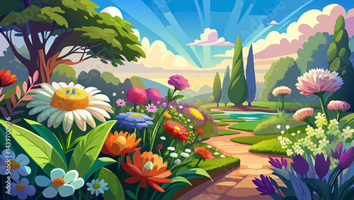 Beautiful flower garden with blooming asters and different flowers in sunlight
