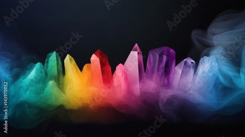 A chakra balancing crystal set arranged in a perfect grid, radiating colorful energy fields, with a soft glowing aura, photo