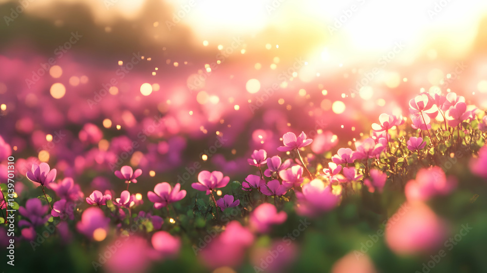 Fototapeta premium Enchanting Pink Flower Field at Sunset: A Breathtaking Floral Scene