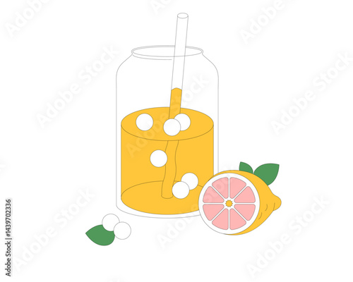 Cold lemonade, fizzy drink. Adding ice balls into cool chilled refreshment, summer beverage. Refreshing lemon soda in glass with straw and mint. Flat vector illustration isolated on white background
