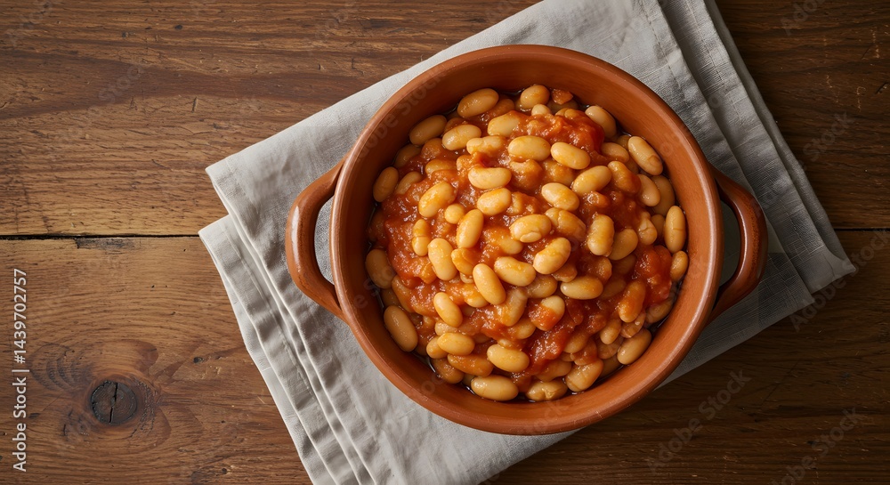Rustic bowl of homemade baked beans in rich tomato sauce celebrating baked bean month Rustic bowl of homemade baked beans in rich tomato sauce celebrating baked bean month