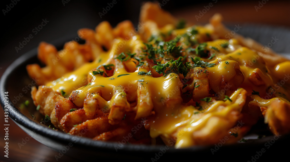 Crispy waffle fries topped with melted cheese sauce