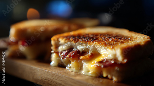 Obraz na płótnie Crispy, melted cheese and bacon sandwich. w salonie