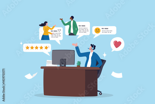 Customer service help solving problem, advice helpline or call center to support customer, operator to communicate with client provide solution, customer support staff help solving customer problems.