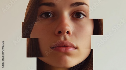 Close-up portrait of a young woman's face. the woman has long brown hair and is looking directly at the camera with a serious expression. her eyes are dark and her eyebrows are slightly furrowed.