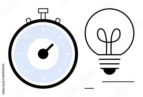 Stopwatch and light bulb side by side, symbolizing efficiency, brainstorming, productivity, and innovation. Ideal for creativity, time management, strategy, efficiency planning startups business