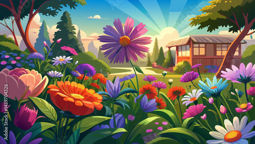 Beautiful flower garden with blooming asters and different flowers in sunlight