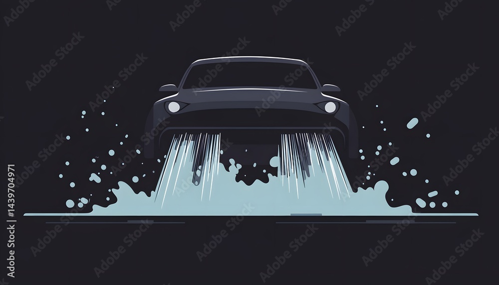 A stylized car drives through water creating a dramatic splash
