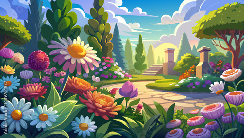 Beautiful flower garden with blooming asters and different flowers in sunlight