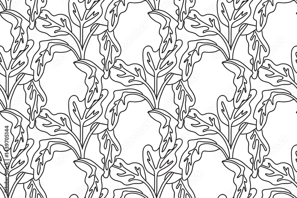Fototapeta premium Line art floral seamless pattern with tropical leaves vector illustration. Hand drawn outline repeating foliage in white background. Graphic design for Cover Textile Fashion Birthday Wedding Greeting