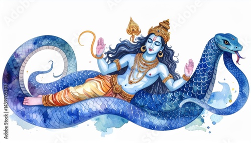 Watercolor Painting of Vishnu Reclining on Ananta Shesha the Serpent God