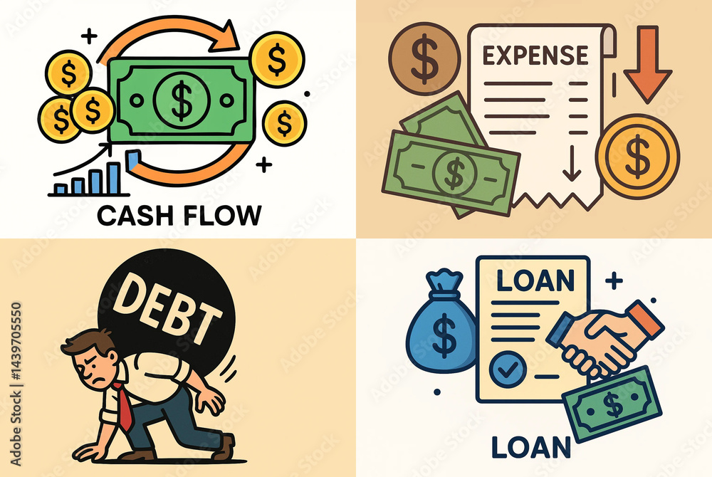 business icons in a minimalistic style, explain basic terms of finance