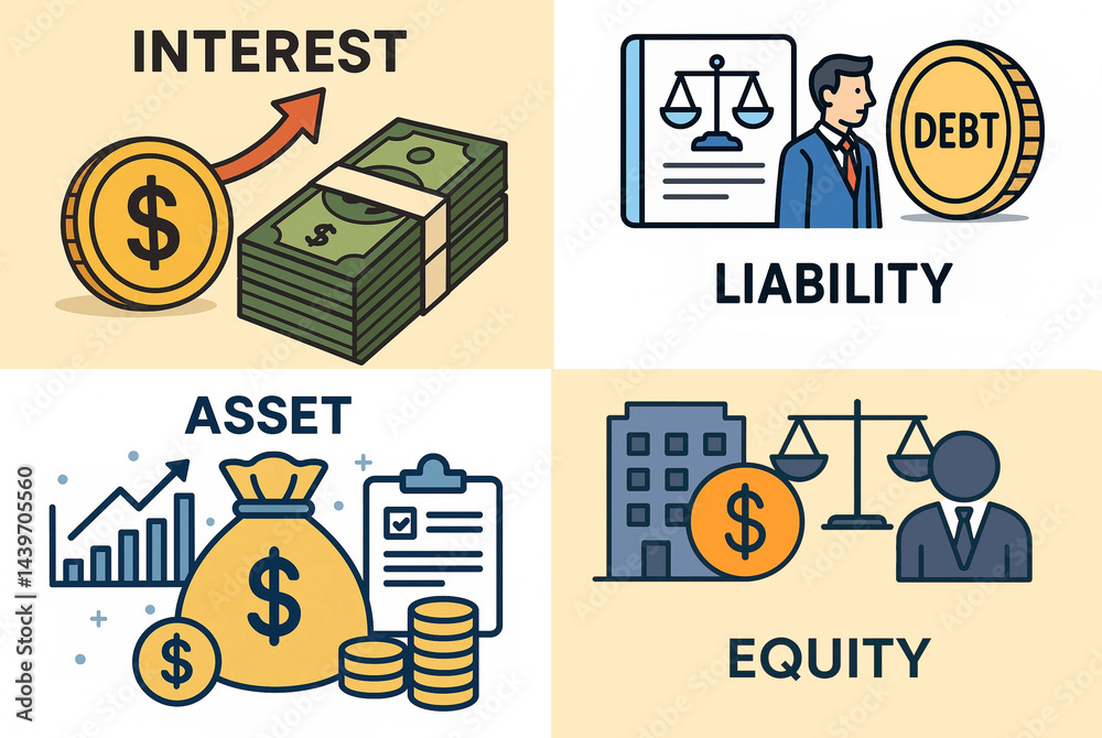 business icons in a minimalistic style, explain basic terms of finance