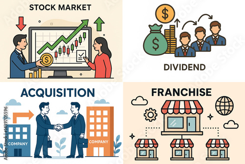 business icons in a minimalistic style, explain basic terms of finance 