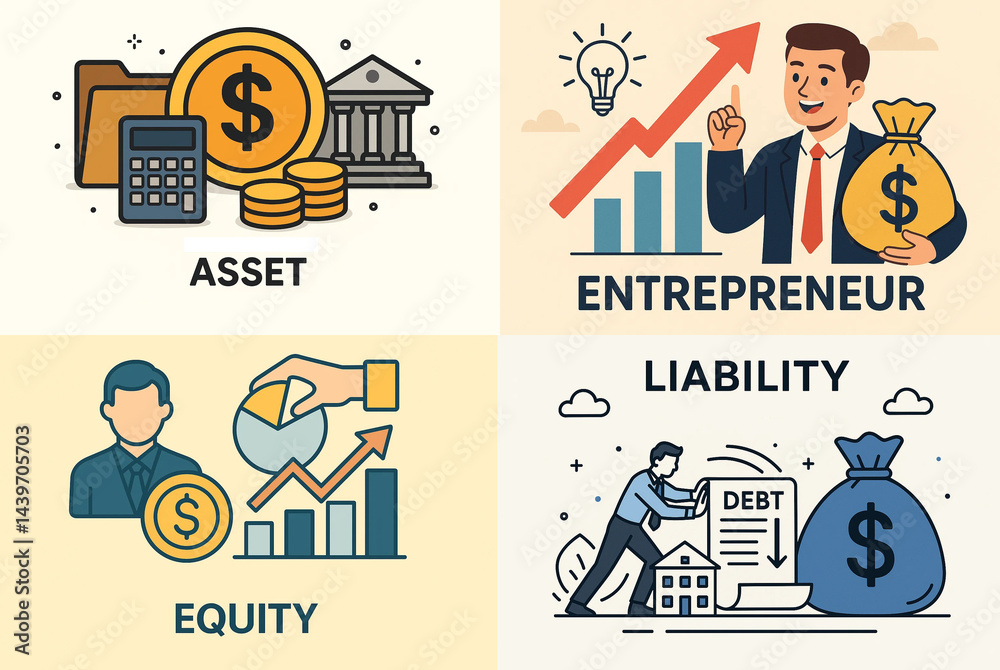 business icons in a minimalistic style, explain basic terms of finance