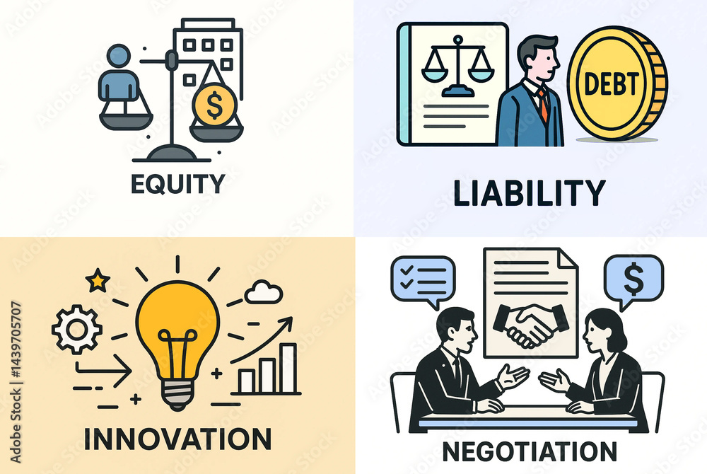 business icons in a minimalistic style, explain basic terms of finance