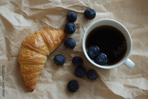 Breakfast with coffee and croissants photo