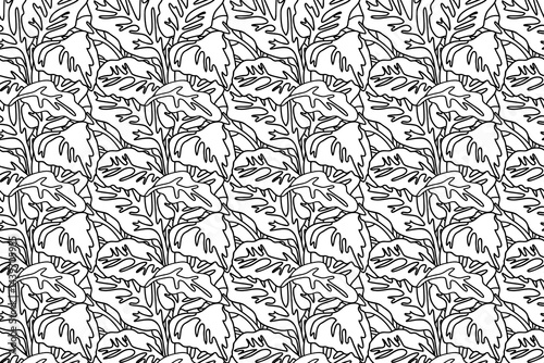 Line art floral seamless pattern with tropical leaves vector illustration. Hand drawn outline repeating foliage in white background. Graphic design for Cover Textile Fashion Birthday Wedding Greeting