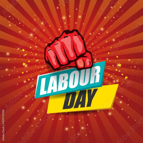 1 may Happy labour day vector label with strong protest fist in the air on vintage red rays background. vector happy labor day background or banner with man hand. workers may day poster