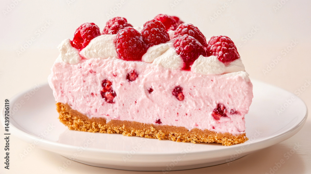 Delightful no-bake raspberry cream cheese cake showcases elegant presentation on minimalist plate Delightful no-bake raspberry cream cheese cake showcases elegant presentation on minimalist plate