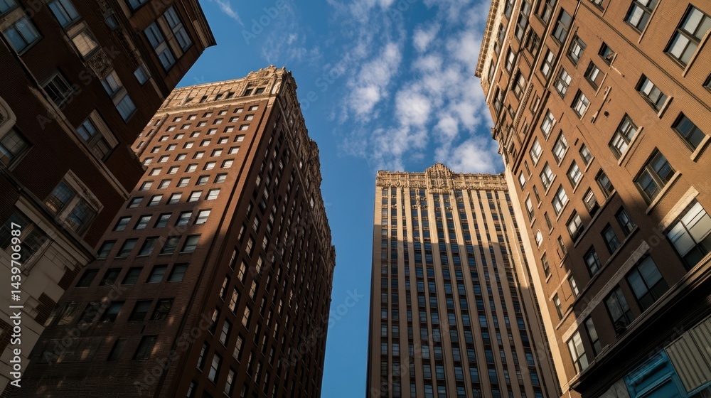 Fototapeta premium City skyscrapers, low angle, sunny day, urban background, architectural photography