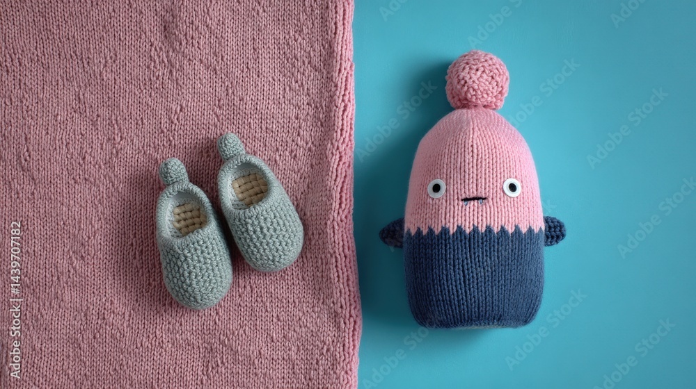 Adorable Knitted Baby Toys with Slippers on Vibrant Background