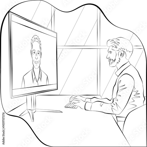 Businessman on a video call with stakeholder Business talk, growth strategies, and confidence in every decision. Sketch. Vector illustration.