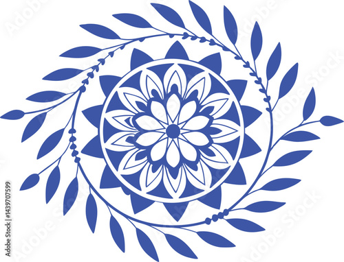 Elegant floral mandala design with decorative leafy branches, intricate botanical ornament for decoration, tattoo, yoga, meditation, invitation cards, wall art, and textile patterns.