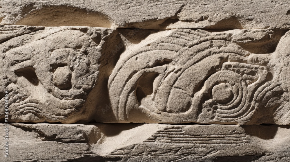 Ancient Stone Relief with Intricate Fish and Wave Patterns