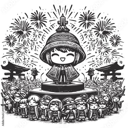 Chibi character with sparkles and fireworks celebrating the new year