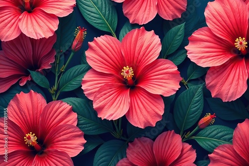 Bold, vibrant hibiscus blooms in a repeating geometric pattern , floral, vibrant