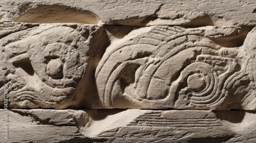 Obraz na płótnie Ancient Stone Relief with Intricate Fish and Wave Patterns w salonie