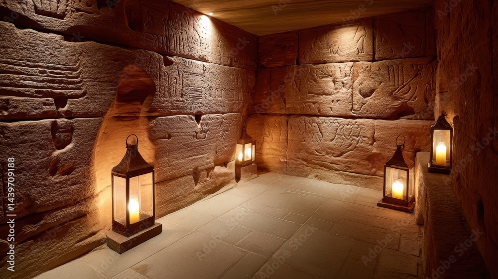 Ancient Stone Room with Carvings and Lanterns Illuminating Space