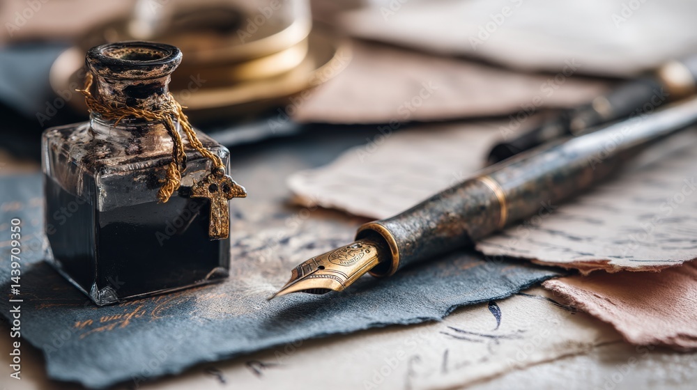 Antique Ink Bottle and Fountain Pen on Vintage Paper Background