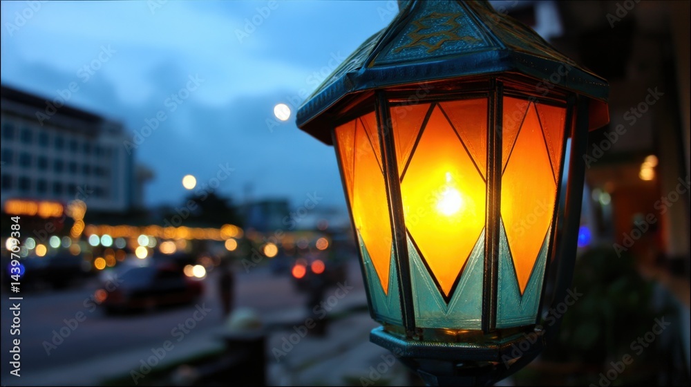 Antique Lantern Illuminated with Warm Light at Dusk Street Scene