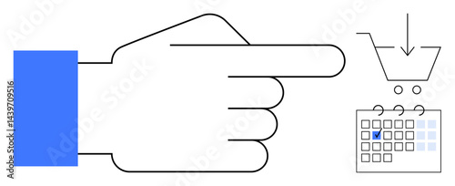 Hand gesture directing focus to shopping cart with downward arrow and marked calendar date, suggesting planning and scheduling online purchases. Ideal for e-commerce, organization, planning