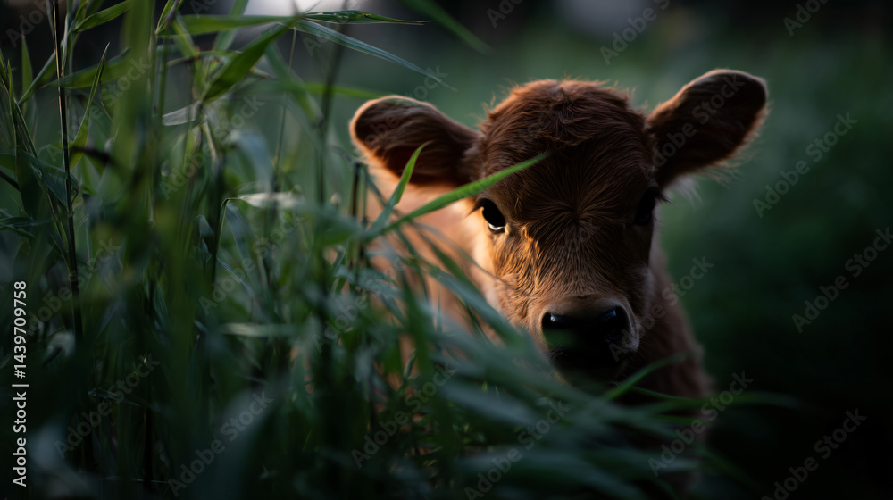 Curious calf in green grass
