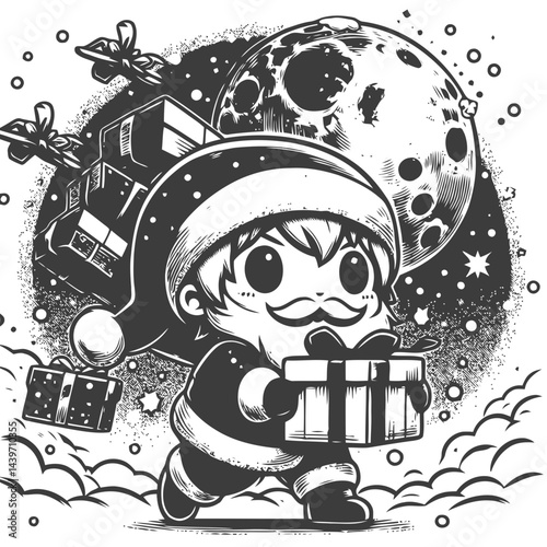 Chibi Santa delivering presents in snowstorm