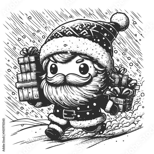 Chibi Santa delivering presents in snowstorm