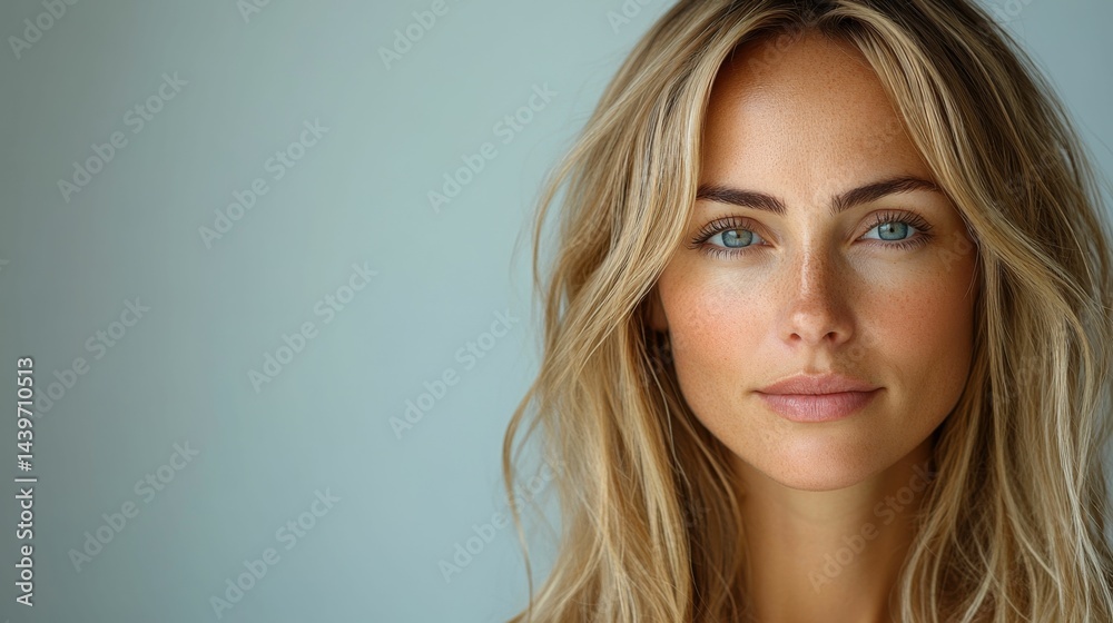 A portrait of a beautiful, 25-year-old Caucasian blonde model with long hair, set against a light studio background with ample copy space