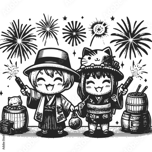 Chibi character with fireworks celebrating the start of the New Year