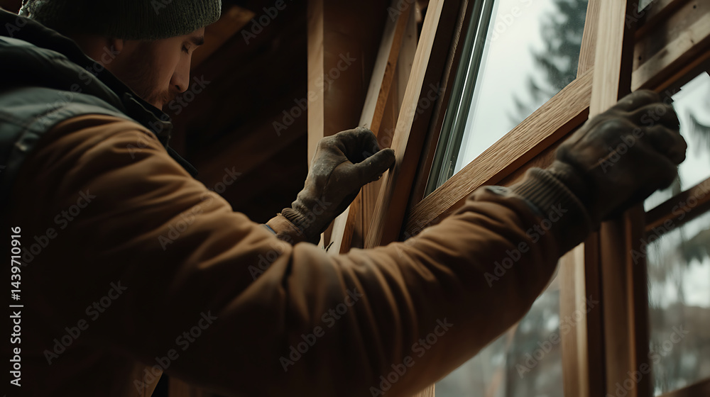Fototapeta premium Man Installing Wooden Window Frame