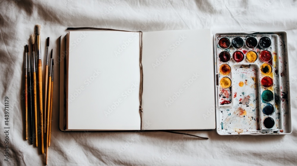 Art Supplies and Blank Sketchbook on Bed with Watercolor Palette