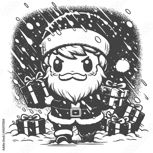 Chibi Santa delivering presents in snowstorm