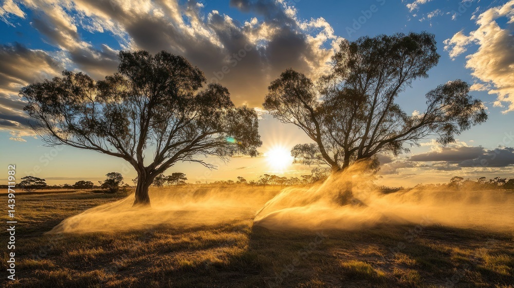 Fototapeta premium Dust devils at sunset, outback Australia