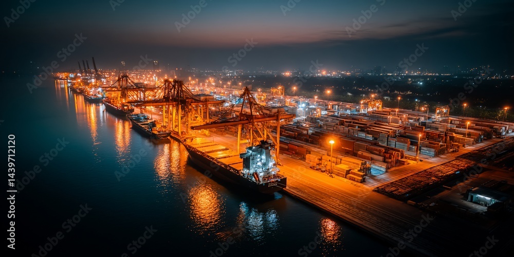Naklejka premium Night cargo ship harbor, busy port at dusk, aerial view, transportation