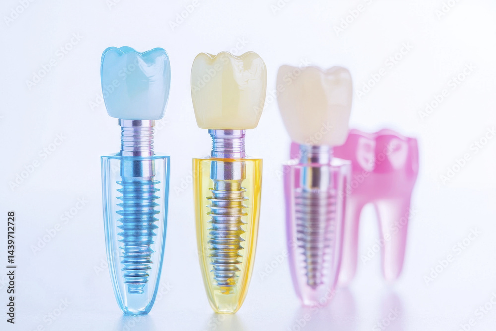 Dental implants in various colors showcase innovative design and functionality, representing modern dental solutions Dental implants in various colors showcase innovative design and functionality, representing modern dental solutions