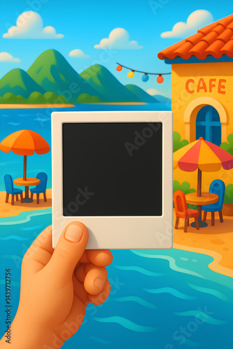 Cartoon 3D Hand Holding Blank Polaroid with Tropical Vacation Backgrounds