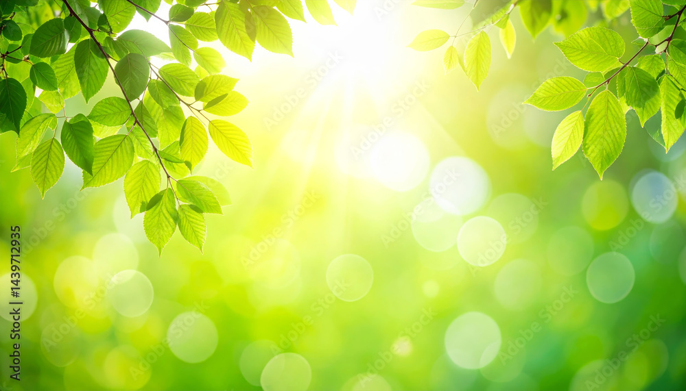 Bright and fresh nature background featuring green leaves illuminated by soft sunlight, creating beautiful bokeh light effects that evoke sense of tranquility and renewal Bright and fresh nature background featuring green leaves illuminated by soft sunlight, creating beautiful bokeh light effects that evoke sense of tranquility and renewal