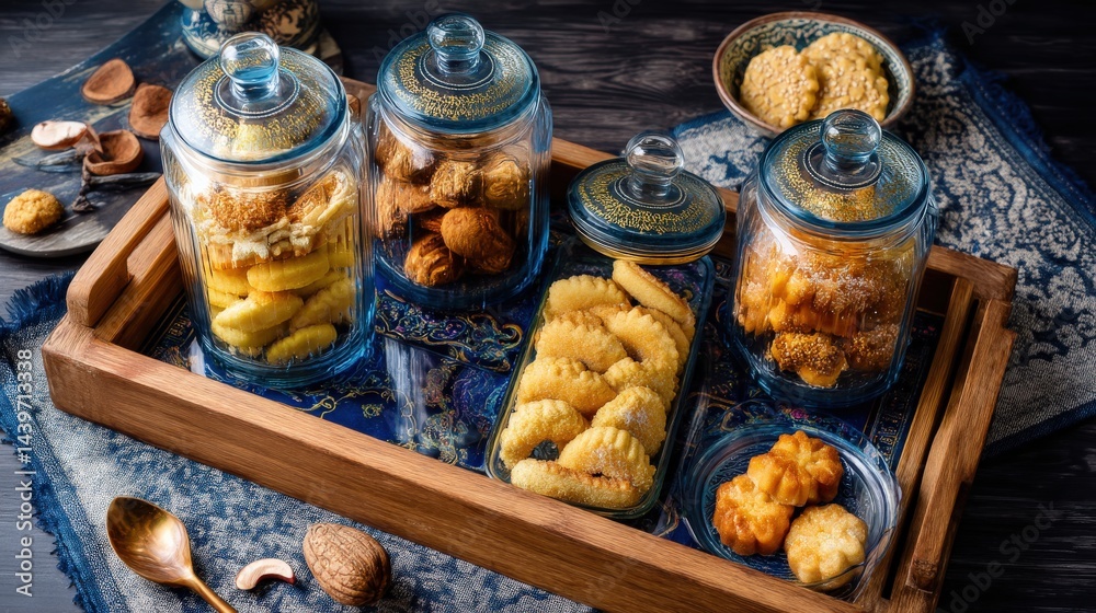 Assorted Cookies in Glass Jars on Wooden Tray with Blue Tablecloth